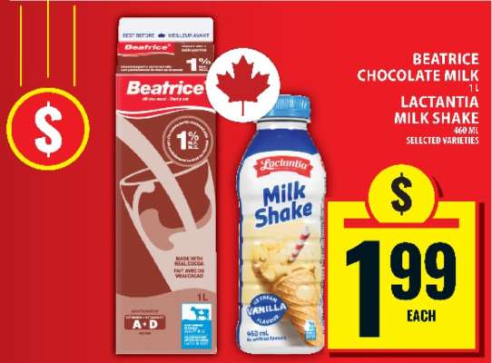 Beatrice Chocolate Milk 1L, Lactantia Milk Shake 460 mL