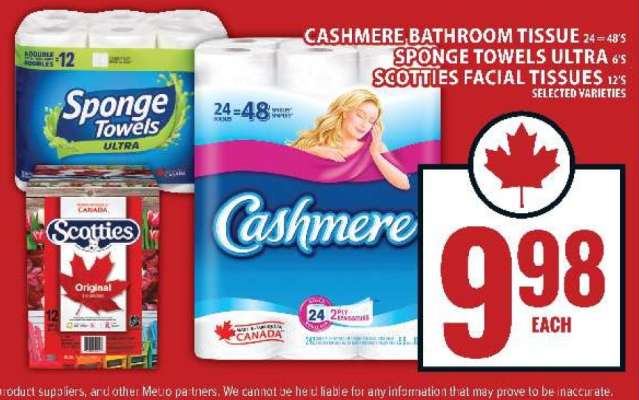 Cashmere Bathroom Tissue, Sponge Towels Ultra, Scotties Facial Tissues
