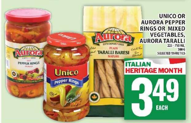 Unico or Aurora Pepper Rings or Mixed Vegetables, Aurora Taralli