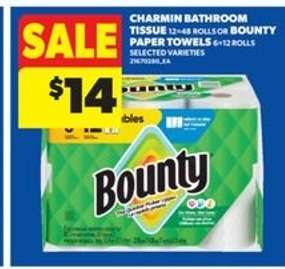 CHARMIN BATHROOM TISSUE or BOUNTY PAPER TOWELS