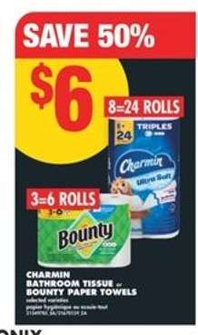 CHARMIN BATHROOM TISSUE or BOUNTY PAPER TOWELS