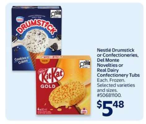 Nestlé Drumstick or Confectioneries, Del Monte Novelties or Real Dairy Confectionery Tubs