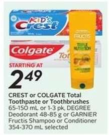 CREST or COLGATE Total Toothpaste or Toothbrushes