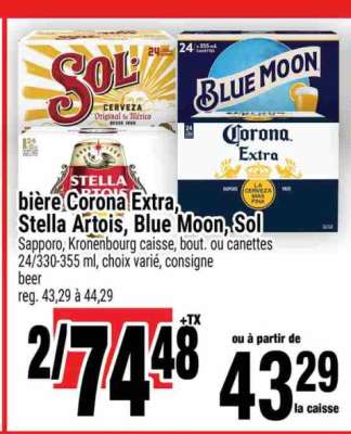bière Corona Extra, Stella Artois, Blue Moon, Sol