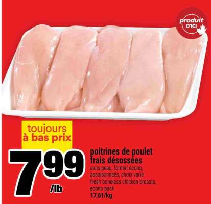 Poitrines de poulet frais désossées