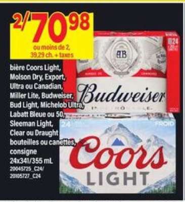 bière Coors Light, Molson Dry, Export, Ultra ou Canadian, Miller Lite, Budweiser, Bud Light, Michelob Ultra, Labatt Bleue ou 50, Sleeman Light, Clear ou Draught