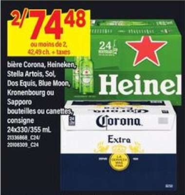 bière Corona, Heineken, Stella Artois, Sol, Dos Equis, Blue Moon, Kronenbourg ou Sapporo