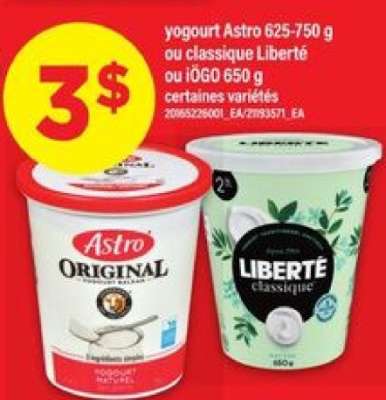 Yogourt Astro ou classique Liberté ou iÖGO
