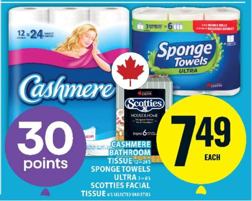 Cashmere Bathroom Tissue, Sponge Towels Ultra, Scotties Facial Tissue