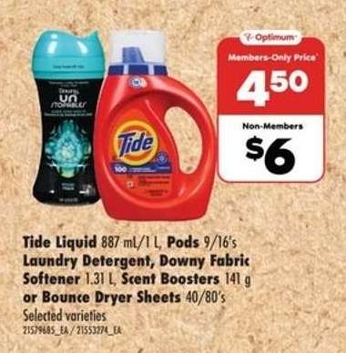 Tide Liquid, Pods, Downy Fabric Softener, Scent Boosters or Bounce Dryer Sheets