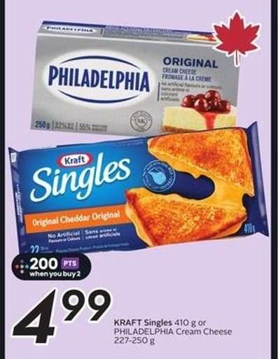 KRAFT Singles 410 g or PHILADELPHIA Cream Cheese 227-250 g