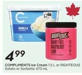 COMPLIMENTS Ice Cream 1.5 L or RIGHTEOUS Gelato or Sorbetto 473 mL