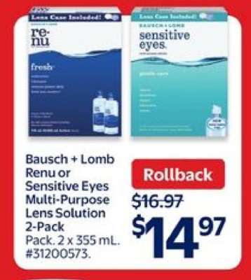 Bausch + Lomb Renu or Sensitive Eyes Multi-Purpose Lens Solution 2-Pack
