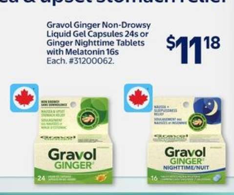 Gravol Ginger Non-Drowsy Liquid Gel Capsules 24s or Ginger Nighttime Tablets with Melatonin 16s