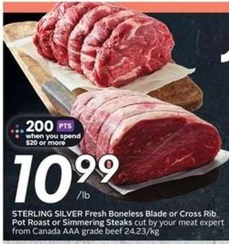 STERLING SILVER Fresh Boneless Blade or Cross Rib Pot Roast or Simmering Steaks