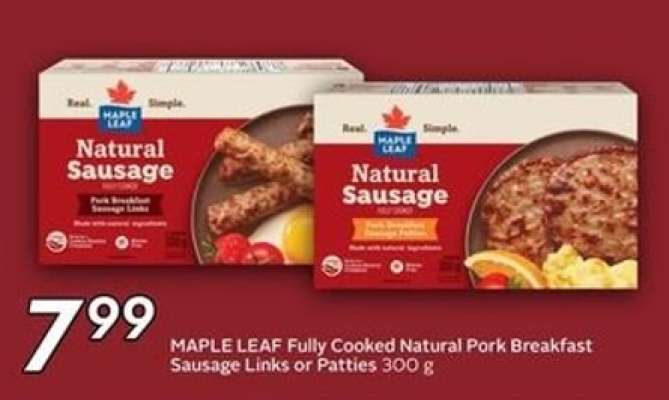 MAPLE LEAF Fully Cooked Natural Pork Breakfast Sausage Links or Patties 300 g