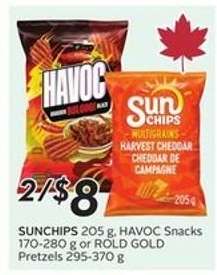 SUNCHIPS, HAVOC Snacks, or ROLD GOLD Pretzels