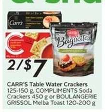 CARR'S Table Water Crackers, COMPLIMENTS Soda Crackers, BOULANGERIE GRISSOL Melba Toast