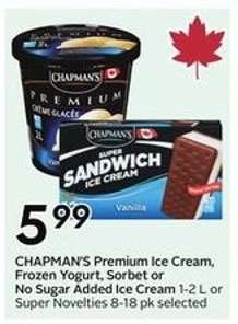 CHAPMAN'S Premium Ice Cream, Frozen Yogurt, Sorbet or No Sugar Added Ice Cream