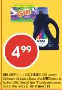 TIDE SIMPLY (1L - 1.09L), CHEER (1.36L) Laundry Detergent / Detergent à lessive ou GAIN Sheets / es feuilles (120's) Selected types / Produits sélectionnés