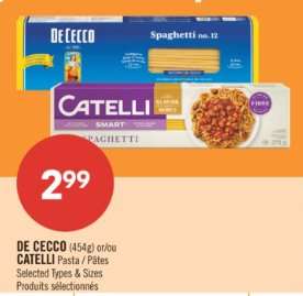DE CECCO or CATELLI Pasta / Pâtes