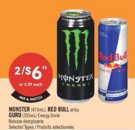 MONSTER, RED BULL or GURU Energy Drink