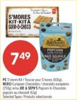 PC S'mores Kit / Trousse pour S'mores (600g), MERCI European Chocolates / chocolats européens (250g) or/ou JOE & SEPH'S Popcorn In Chocolate popcorn au chocolat (63g)