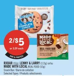 RXBAR (52g), LENNY & LARRY (113g) et/ou MADE WITH LOCAL REAL FOOD (53g)
