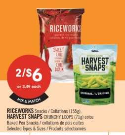 RICEWORKS Snacks / Collations (155g), HARVEST SNAPS CRUNCHY LOOPS (71g)