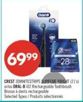 CREST 3DWHITESTRIPS SUPREME BRIGHT (21's) or/or ORAL-B iO2 Rechargeable Toothbrush