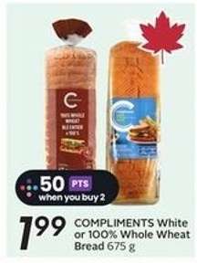 COMPLIMENTS White or 100% Whole Wheat Bread 675 g