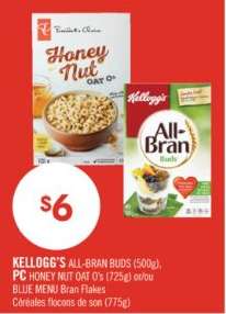 KELLOGG'S ALL-BRAN BUDS, PC HONEY NUT OAT O'S, BLUE MENU Bran Flakes
