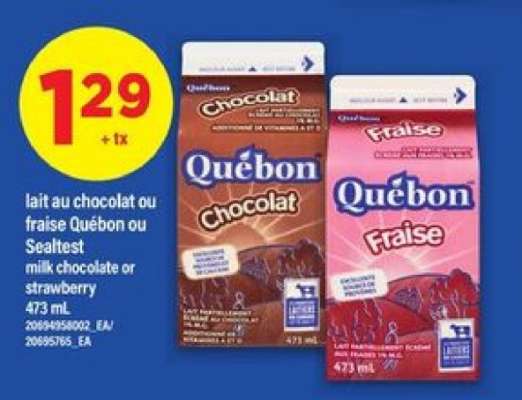 lait au chocolat ou fraise Québon ou Sealtest