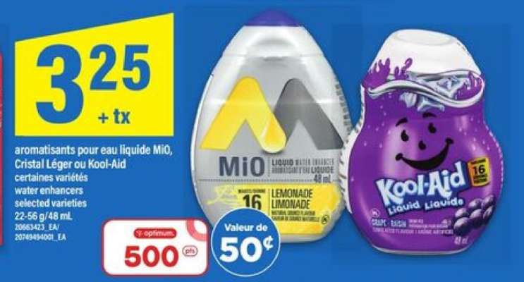 aromatisants pour eau liquide MiO, Cristal Léger ou Kool-Aid
