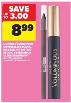 L'Oréal Voluminous Original Mascara, Maybelline Tattoo Studio Eyeliner or Ultra Slim Brow