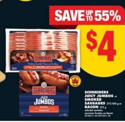 Schneiders Juicy Jumbos or Smoked Sausages or Bacon