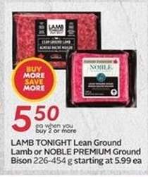 LAMB TONIGHT Lean Ground Lamb or NOBLE PREMIUM Ground Bison