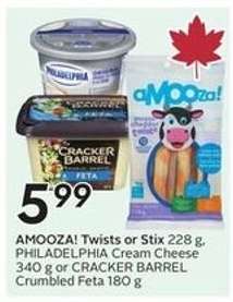 AMOOZA! Twists or Stix, PHILADELPHIA Cream Cheese, CRACKER BARREL Crumbled Feta