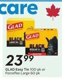 GLAD Easy Tie 100 pk or Forceflex Large 60 pk