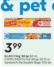 GLAD Cling Wrap 60 m, COMPLIMENTS Foil Wrap 50 ft or Sandwich Reclosable Bags 100 pk