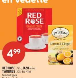 RED ROSE (72's), TAZO or/ou TWININGS (20's) Tea / Thé
