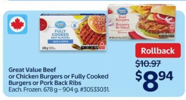 Great Value Beef or Chicken Burgers or Fully Cooked Burgers or Pork Back Ribs