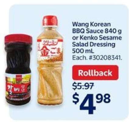 Wang Korean BBQ Sauce 840 g or Kenko Sesame Salad Dressing 500 mL