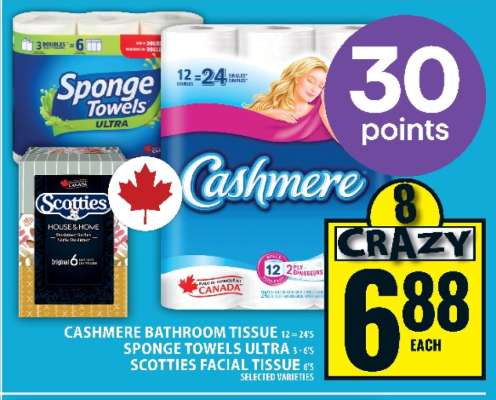 Cashmere Bathroom Tissue, Sponge Towels Ultra, Scotties Facial Tissue