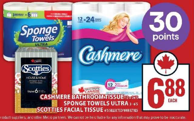 Cashmere Bathroom Tissue, Sponge Towels Ultra, Scotties Facial Tissue