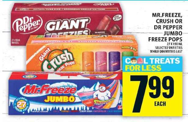 Mr. Freeze, Crush or Dr Pepper Jumbo Freeze Pops