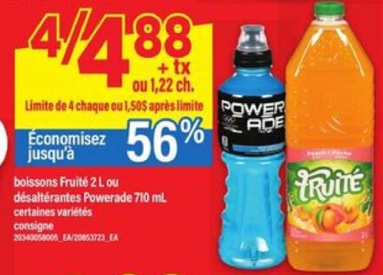 boissons Fruité 2 L ou désaltérantes Powerade 710 mL