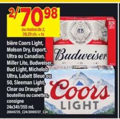 bière Coors Light, Molson Dry, Export, Ultra ou Canadian, Miller Lite, Budweiser, Bud Light, Michelob Ultra, Labatt Bleue ou 50, Sleeman Light, Clear ou Draught