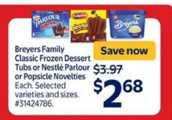 Breyers Family Classic Frozen Dessert Tubs or Nestlé Parlour or Popsicle Novelties