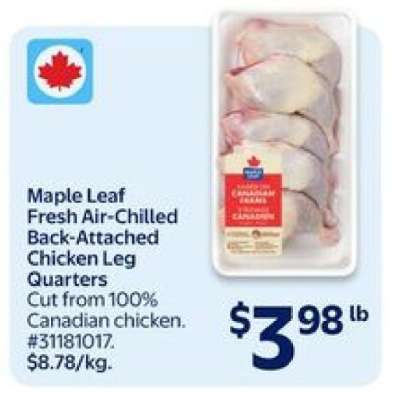 Maple Leaf Fresh Air-Chilled Back Attached Chicken Leg Quarters
